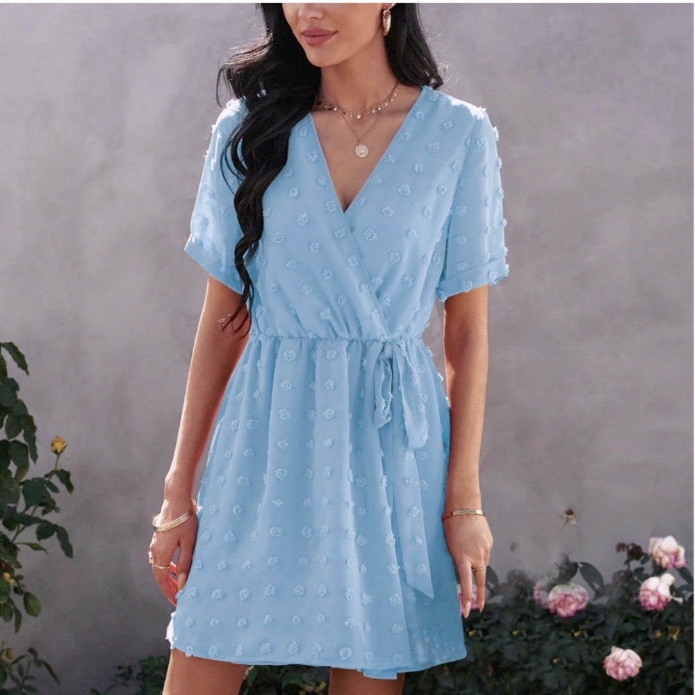 Peach Love Light Blue Swiss Dot Dress